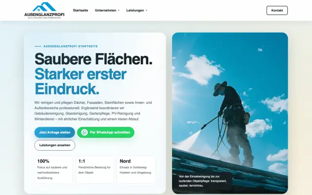 Website of Außenglanzprofi with roof cleaning under a blue sky