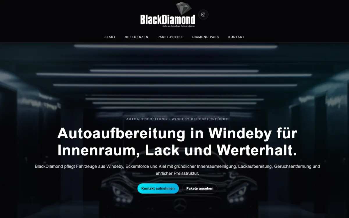 Website of BlackDiamond Autoaufbereitung with a dark garage scene