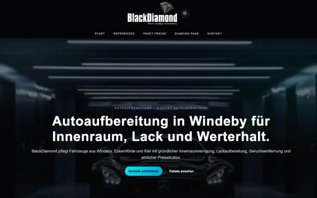 Website of BlackDiamond Autoaufbereitung with a dark garage scene