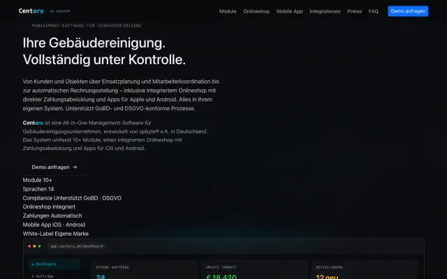 Software Centaro mit Dashboard für Gebäudereinigung