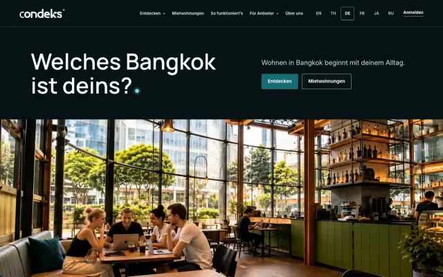 Website condeks zum Wohnen in Bangkok mit Café-Szene und Sprachauswahl