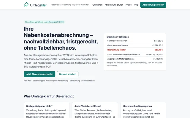 Startseite von Umlageklar mit einer Beispiel-Nebenkostenabrechnung