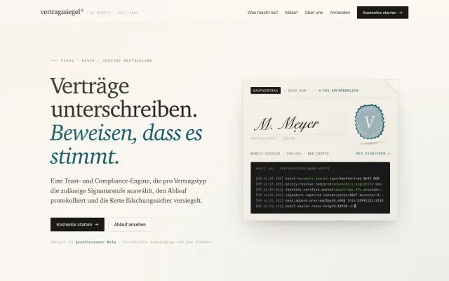 Startseite von vertragssiegel mit unterschriebenem Vertrag, Siegel und Protokoll